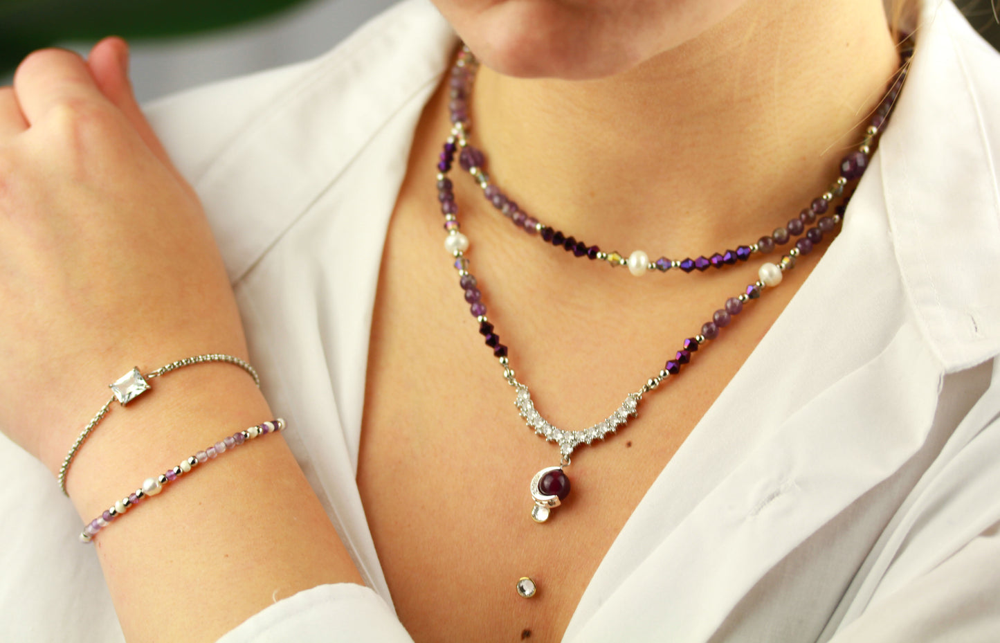 Amethyst & Süßwasserperlen Layering Schmuckset – Handgefertigt