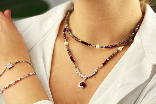 Amethyst & Süßwasserperlen Layering Schmuckset – Handgefertigt