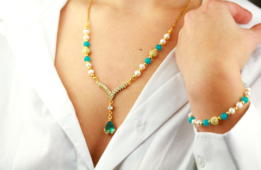 Amazonit und Süßwasserperlen Schmuckset – Perlenkette & Armband | Handgefertigt