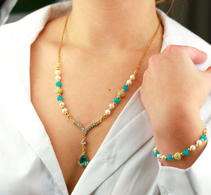 Amazonit und Süßwasserperlen Schmuckset – Perlenkette & Armband | Handgefertigt