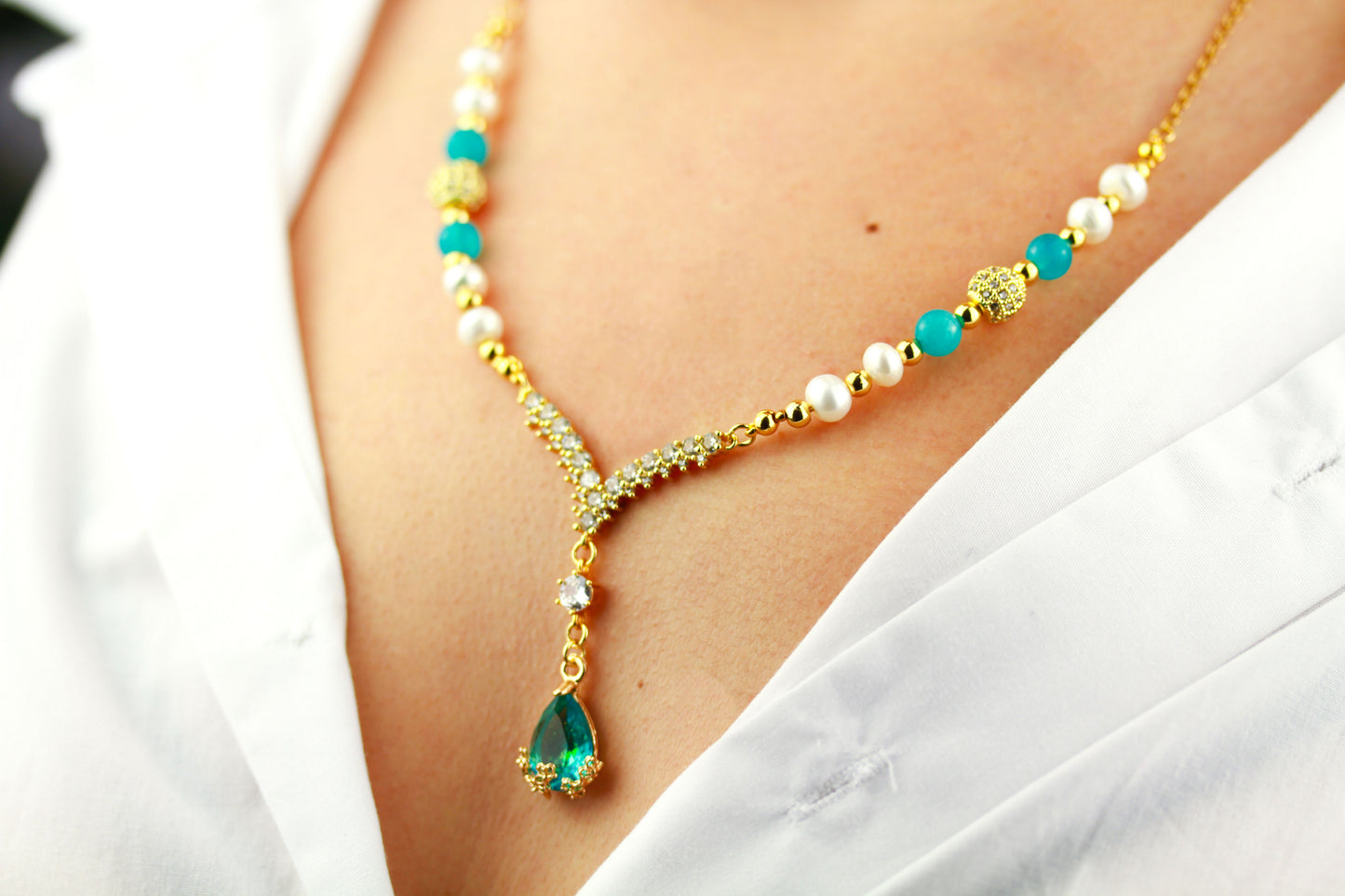 Schmuckset – Amazonit Süßwasserperle – Kette & Armband