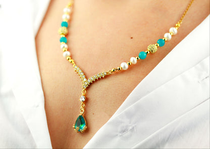 Amazonit und Süßwasserperlen Schmuckset – Perlenkette & Armband | Handgefertigt