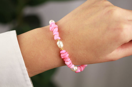 Rosa-Blau Natursteinarmband mit Süßwasserperle – Handgefertigtes Perlenarmband