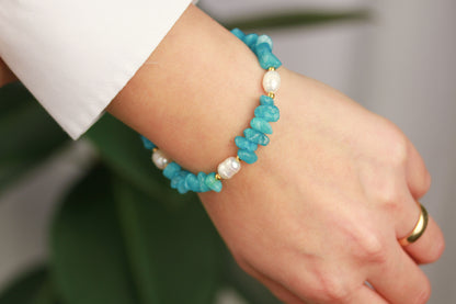 Rosa-Blau Natursteinarmband mit Süßwasserperle – Handgefertigtes Perlenarmband