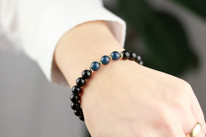Schwarzer Achat & Saphir-Jade Armband – Handgefertigtes Natursteinarmband