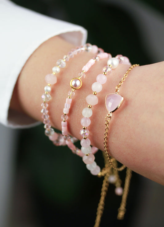 Rosenquarz & Muschelperlen Armband – 4er Set | Handgefertigt | Innere Harmonie und Selbstliebe