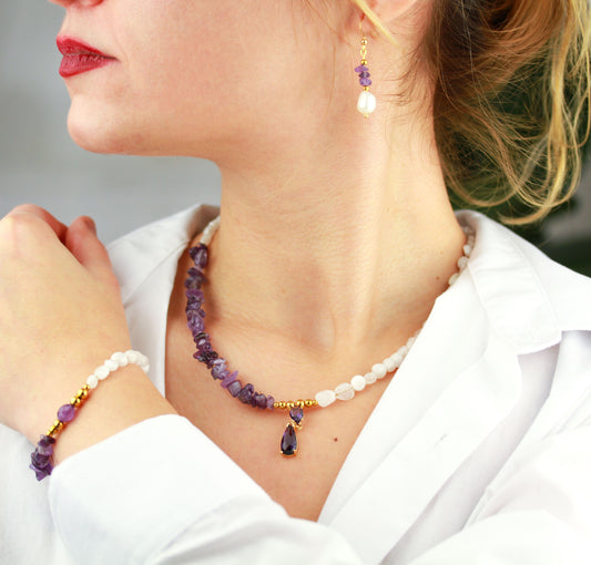Amethyst und Quarz Schmuckset – Halskette, Armband & Ohrringe | Handgefertigt
