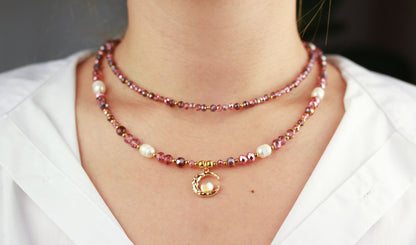 Layering Schmuckset – Kristall & Süßwasserperlen Halskette mit Mondanhänger | Handgefertigt