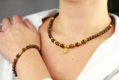 Tigerauge und Onyx Perlen Schmuckset – Kette & Armband | Handgefertigt