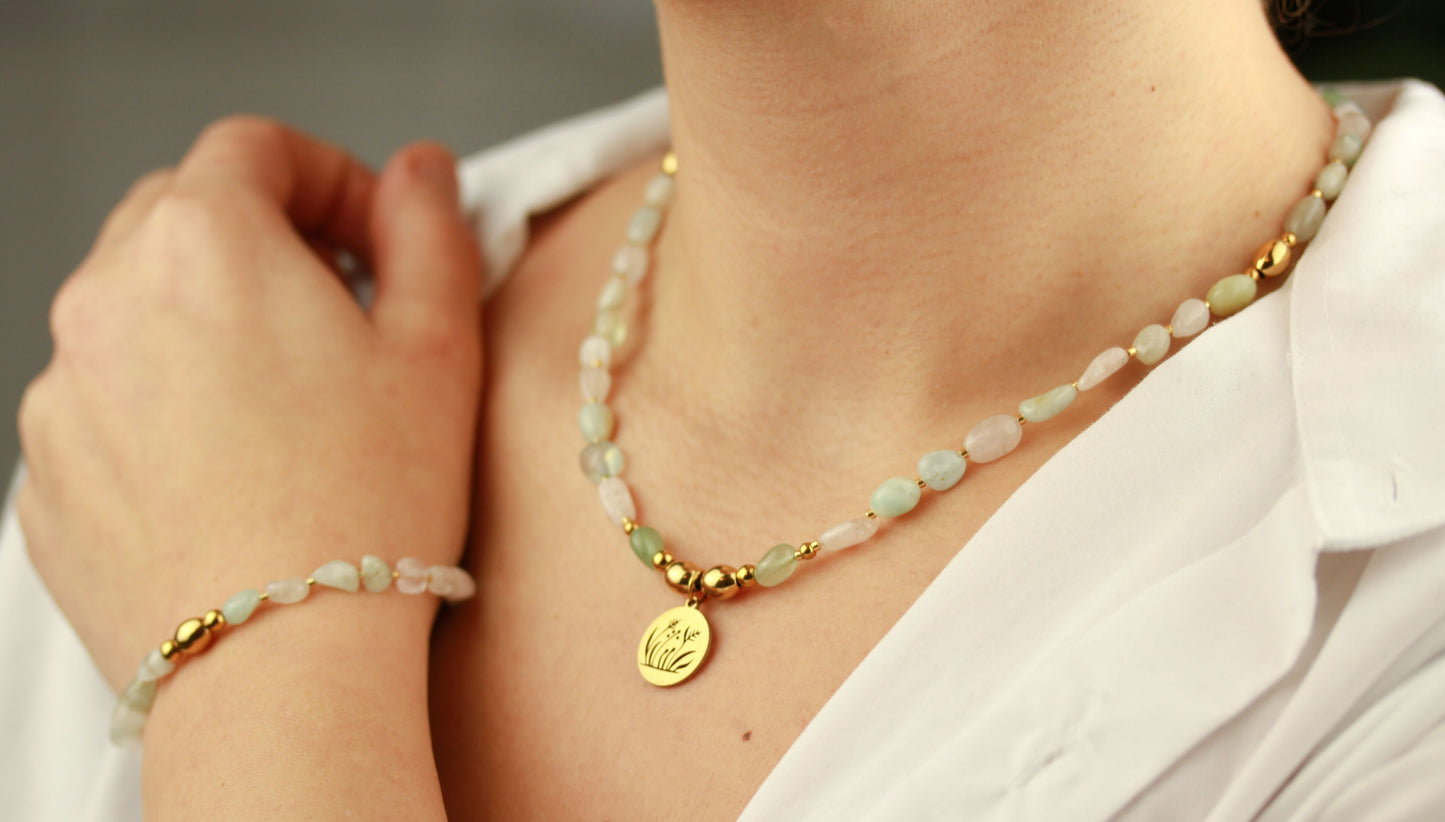 Morganit Perlen Schmuckset – Perlenkette & Armband | Handgefertigt