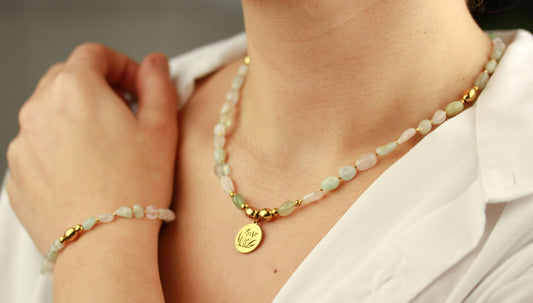 Morganit Perlen Schmuckset – Perlenkette & Armband | Handgefertigt