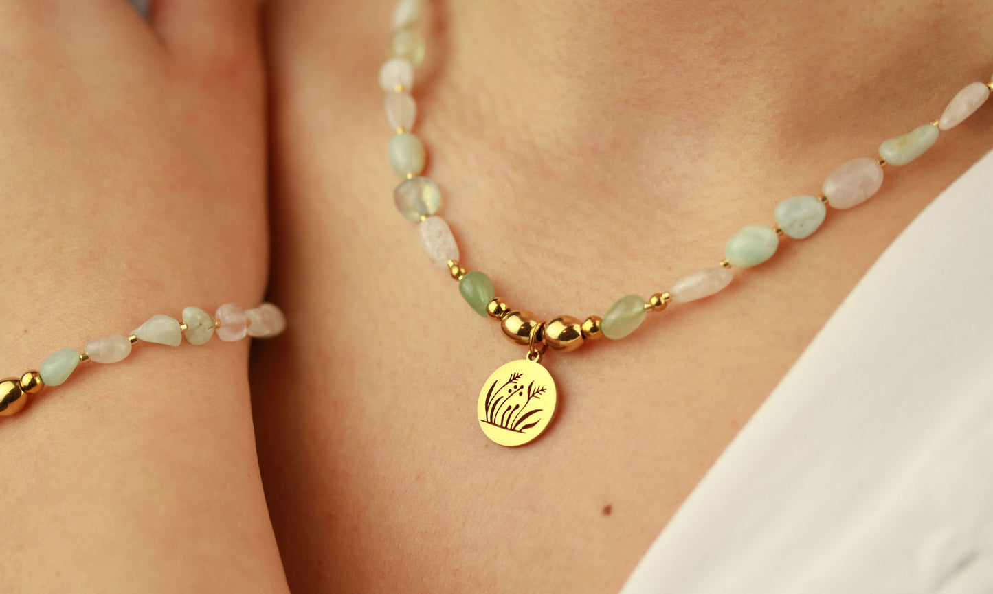 Morganit Perlen Schmuckset – Perlenkette & Armband | Handgefertigt