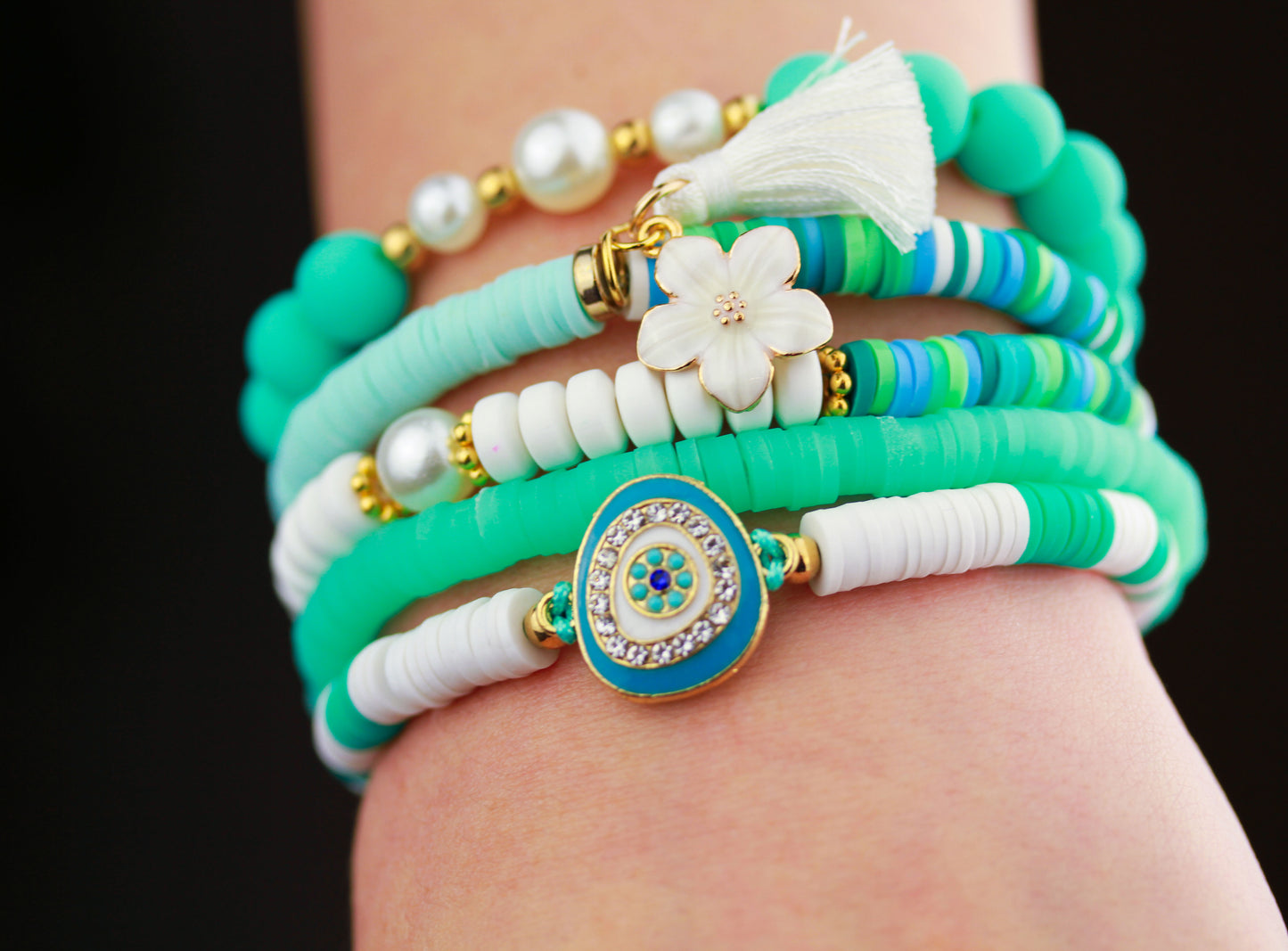 Türkis-Weiß Katsuki Armbandset – 5-teilig | Evil Eye Sommermix