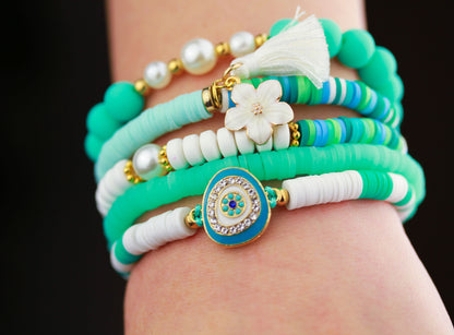 Türkis-Weiß Katsuki Armbandset – 5-teilig | Evil Eye Sommermix