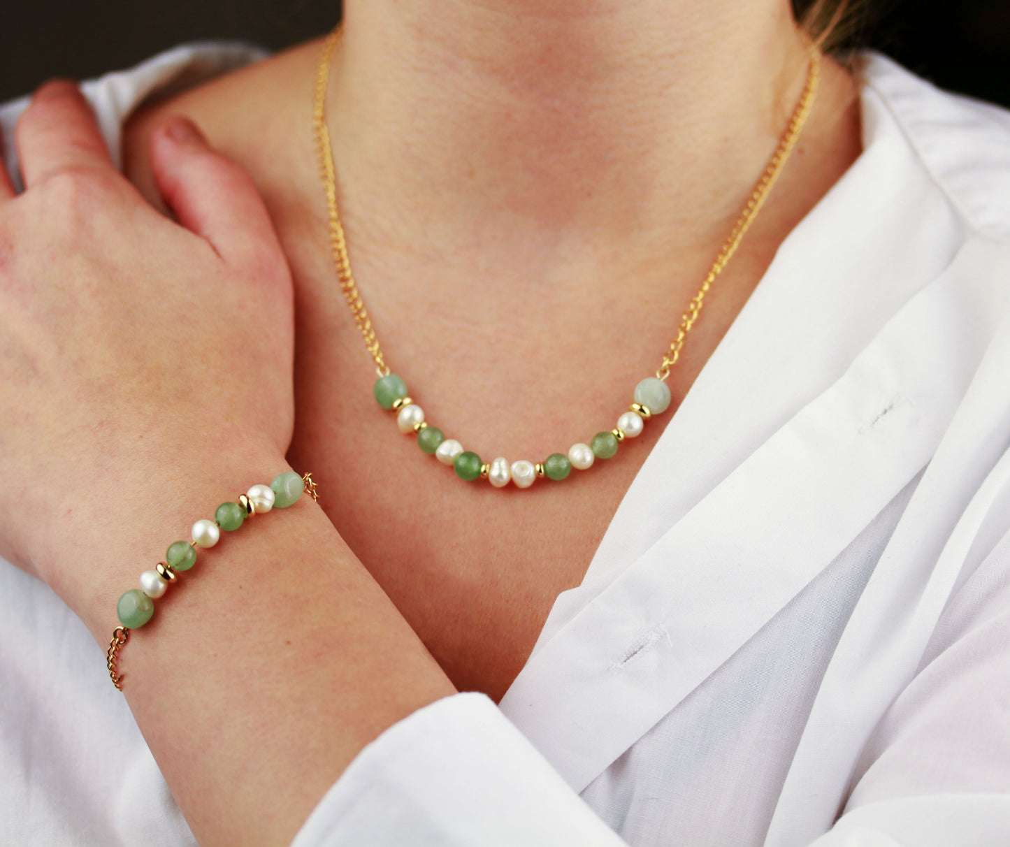 Aventurin & Süßwasserperlen Schmuckset – Halskette & Armband | Handgefertigt