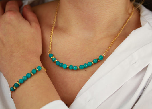 Türkise Naturstein Perlenkette & Armband – Handgefertigtes Schmuckset