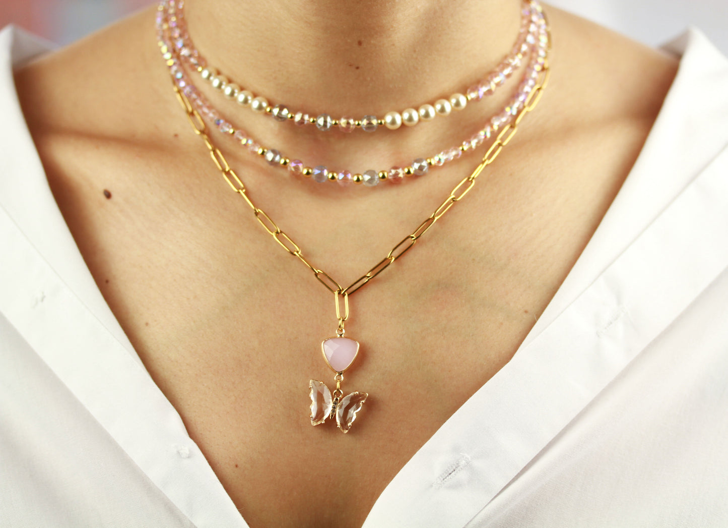 Rosa Layering Perlenkettenset mit Schmetterling – Handgefertigtes Schmuckset
