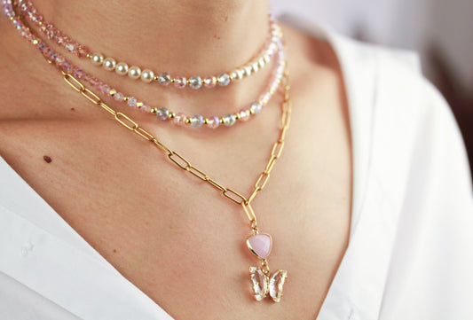Rosa Layering Perlenkettenset mit Schmetterling – Handgefertigtes Schmuckset