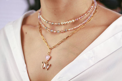 Rosa Layering Perlenkettenset mit Schmetterling – Handgefertigtes Schmuckset