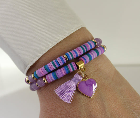 Purple Double Bracelet Katsuki Heishi Beads Bracelet with Natural Stones