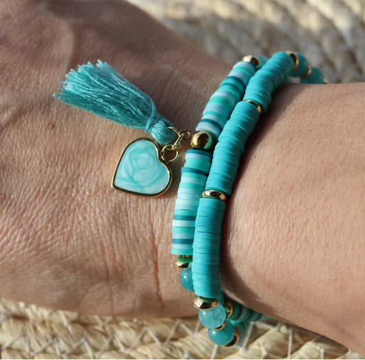 Turquoise Blue Double Bracelet Katsuki Heishi Beads Bracelet with Natural Stones