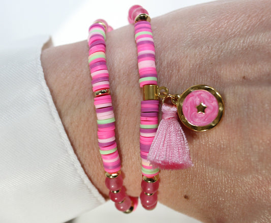Pink Double Bracelet Katsuki Heishi Beads Bracelet with Natural Stones