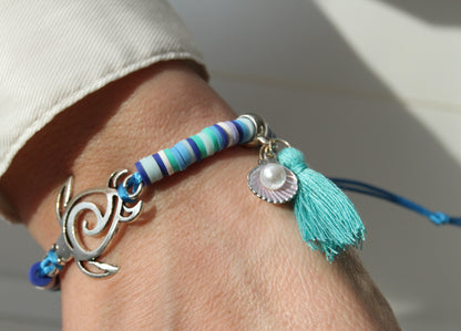 Maritimes Schildkröten Armband – Mit Quaste & Muschelanhänger | Handgefertigt