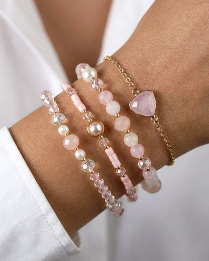 Rosenquarz & Muschelperlen Armband – 4er Set | Handgefertigt | Innere Harmonie und Selbstliebe
