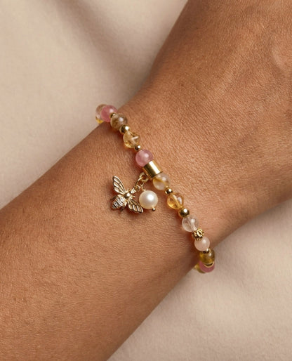 Natursteinarmband aus Citrin, Sonnenstein & Bergkristall – Handgefertigtes Perlenarmband