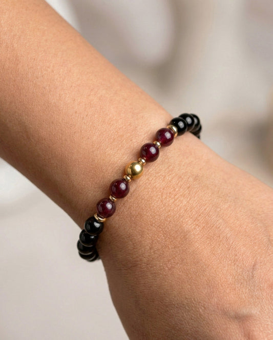 Garnet & Onyx Naturstein Perlenarmband – Handgemachtes Unikat