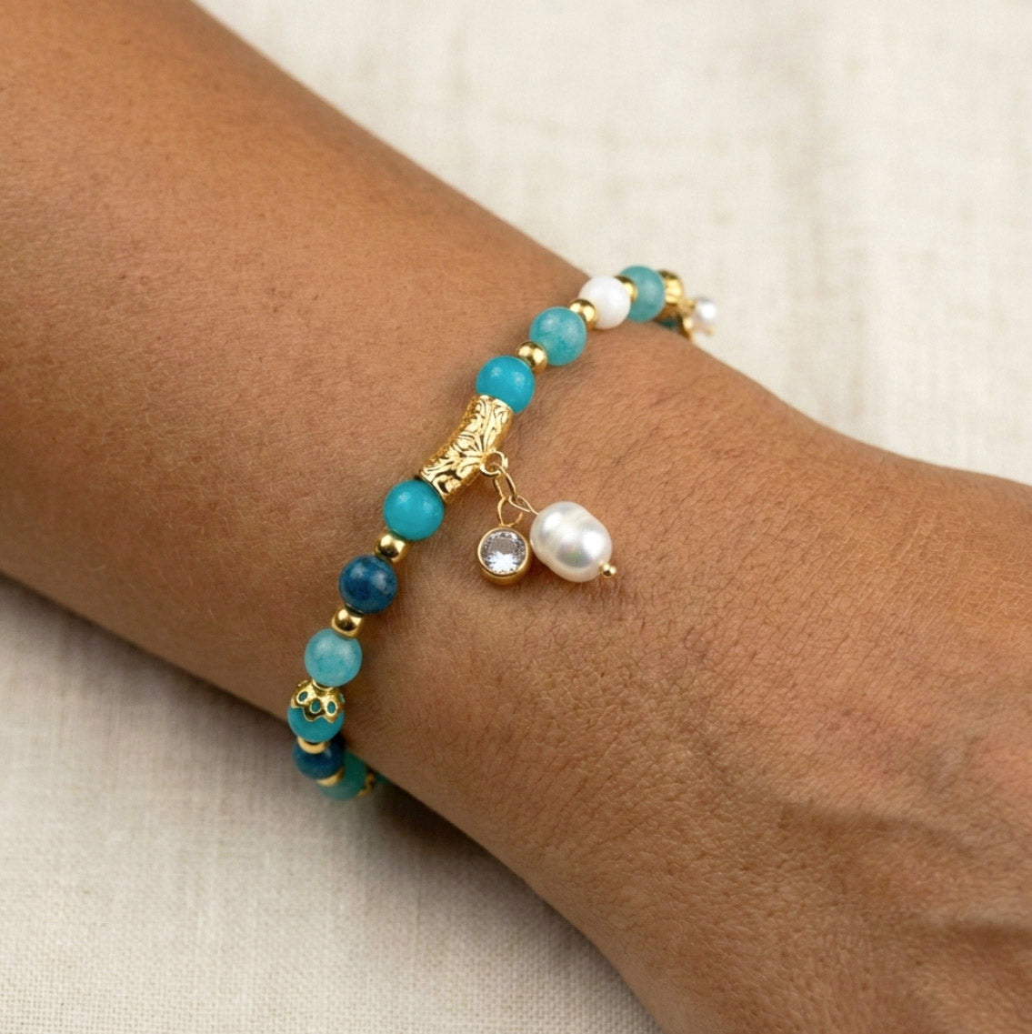 Aquamarin Apatit Amazonit Armband – Handgefertigtes Naturstein Schmuckset | Spiritual Harmony