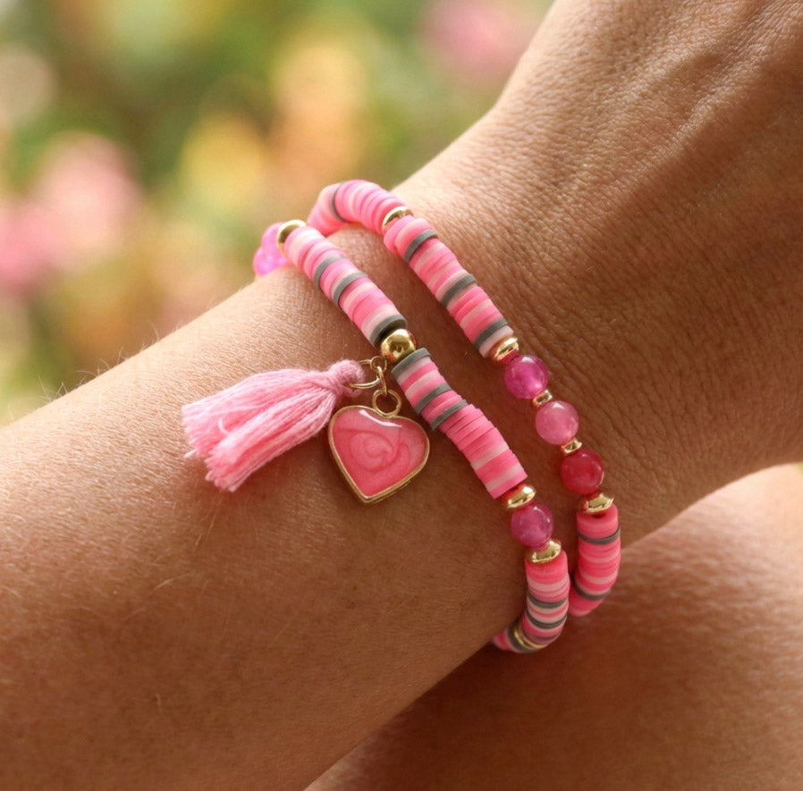 Rosenrotes Doppelarmband – Katsuki Perlenarmband mit Natursteinen | Handmade