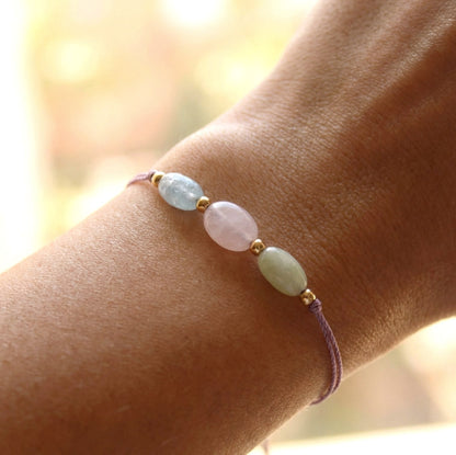 Aventurin–Rosenquarz–Aquamarin Armband – Handgefertigter Naturstein-Mix auf Seidenfaden