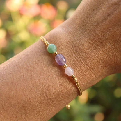 Aventurin–Amethyst–Rosenquarz Armband – Natursteine auf Seidenfaden | Handgefertigt