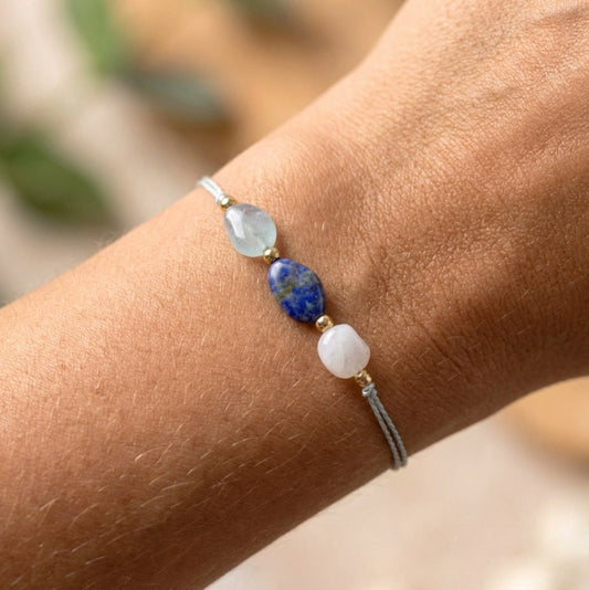 Aquamarin–Lapis Lazuli–Quarz Armband – Natursteinmix auf Seidenfaden | Handmade