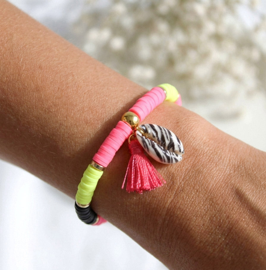 Schwarz-Gelb-Pink Katsuki Armband mit Zebra-Muschel & Quaste – Einzigartiges Design