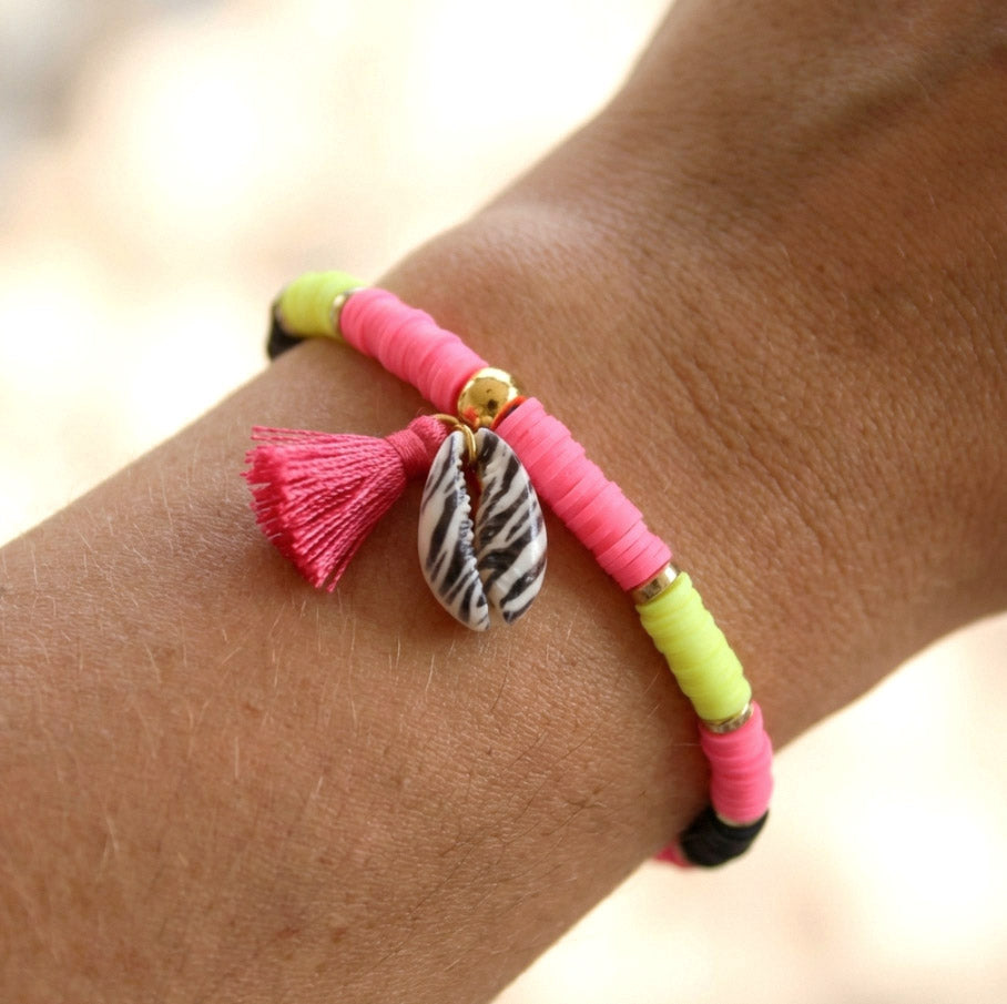 Schwarz-Gelb-Pink Katsuki Armband mit Zebra-Muschel & Quaste – Einzigartiges Design