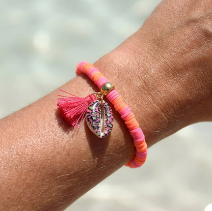 Orange-Pink Katsuki Armband mit Muschel & Quaste – Handgefertigtes Perlenarmband