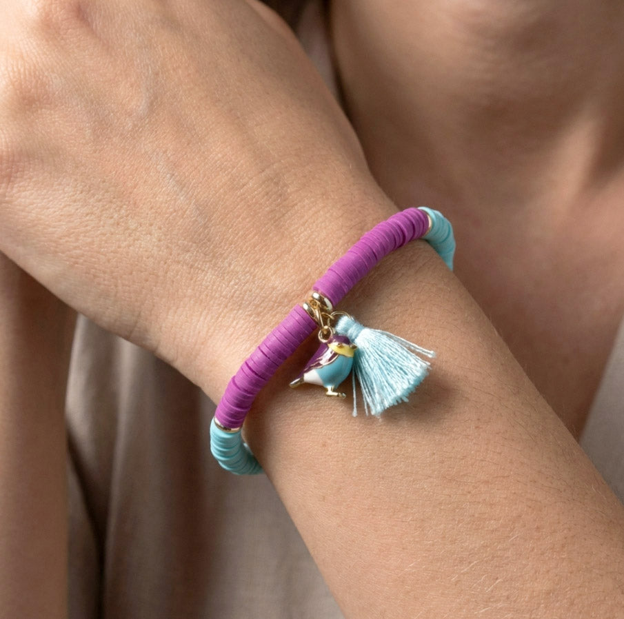 Lila-Türkis Katsuki Armband mit Vogel-Charm – Handgemachtes Polymer Clay Armband