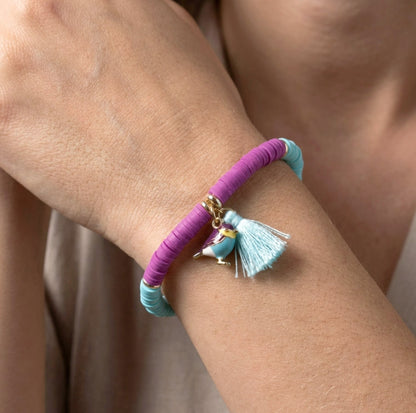 Lila-Türkis Katsuki Armband mit Vogel-Charm – Handgemachtes Polymer Clay Armband