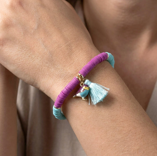 Lila-Türkis Katsuki Armband mit Vogel-Charm – Handgemachtes Polymer Clay Armband