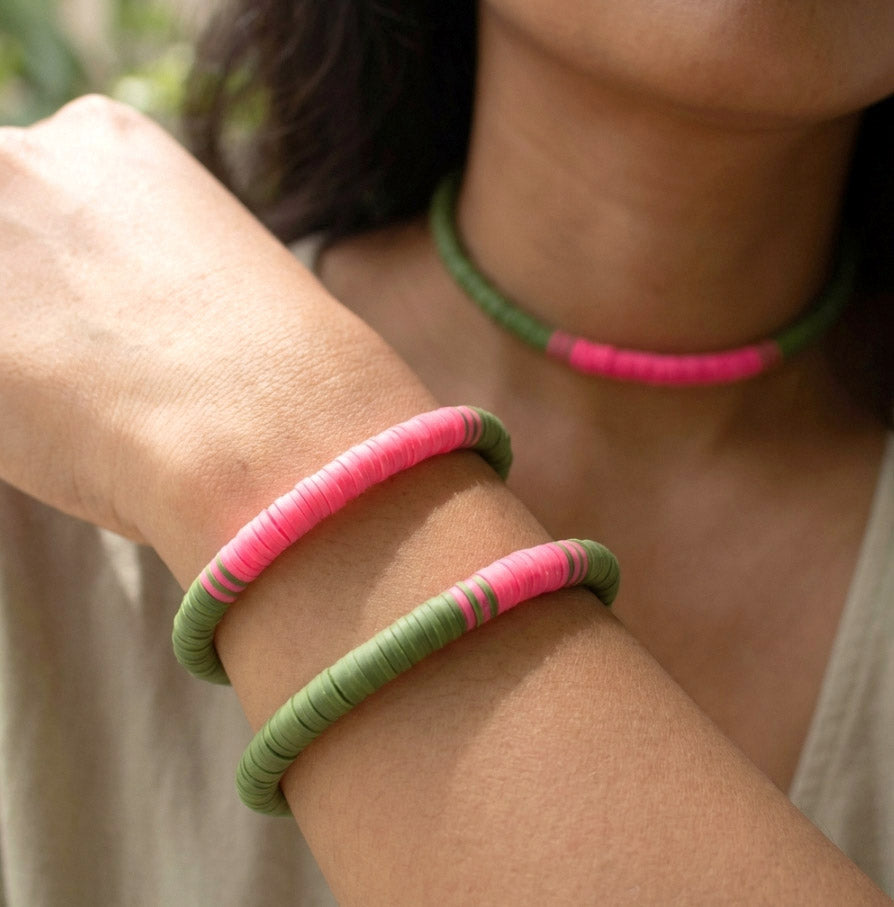 Army Grün-Pink Katsuki 3-teiliges Schmuckset – Armbänder & Halskette | Handgemacht