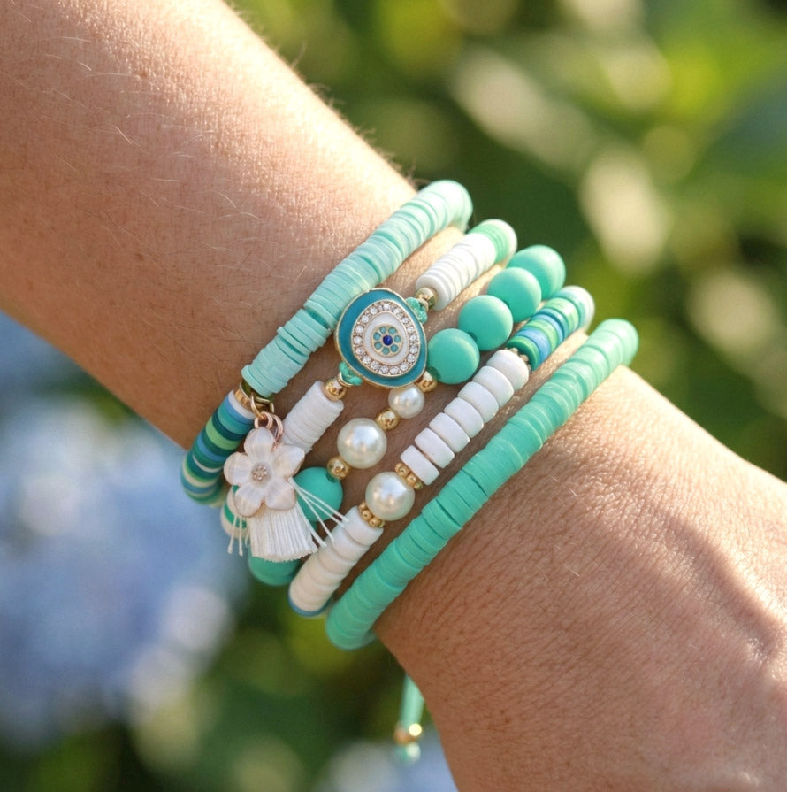 Türkis-Weiß Katsuki Armbandset – 5-teilig | Evil Eye Sommermix
