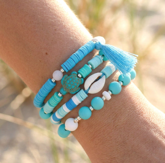 Blau-Weiß Sommer Armbandset – 4-teiliges Katsuki Polymer Clay Set