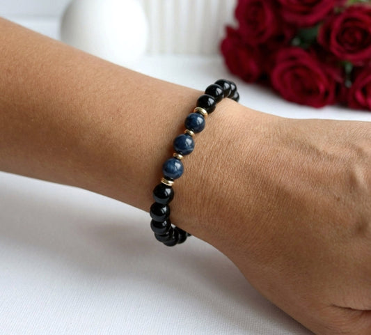 Schwarzer Achat & Saphir-Jade Armband – Handgefertigtes Natursteinarmband