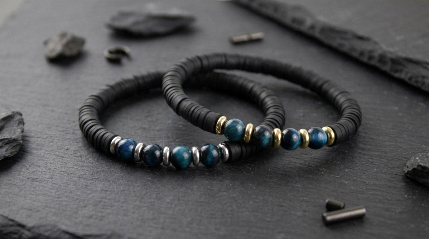 Herrenarmband – Schwarze Katsuki & Tigerauge Natursteine | Maskulines Handmade Perlenarmband