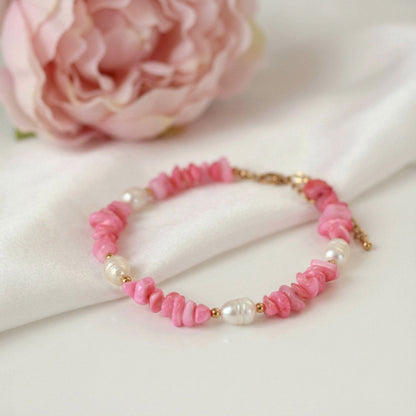 Rosa-Blau Natursteinarmband mit Süßwasserperle – Handgefertigtes Perlenarmband