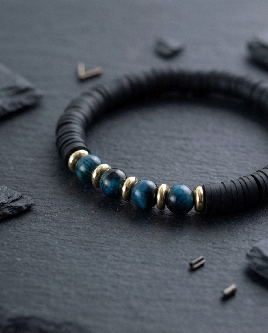 Herrenarmband – Schwarze Katsuki & Tigerauge Natursteine | Maskulines Handmade Perlenarmband