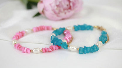 Rosa-Blau Natursteinarmband mit Süßwasserperle – Handgefertigtes Perlenarmband
