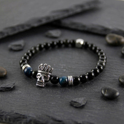 Herren Onyx Tigerauge Armband – Dezentes Naturstein mit König Totenkopf Charm